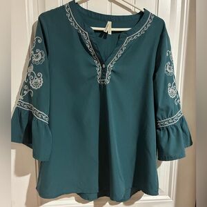 Roper Teal Blouse with White Embroidery